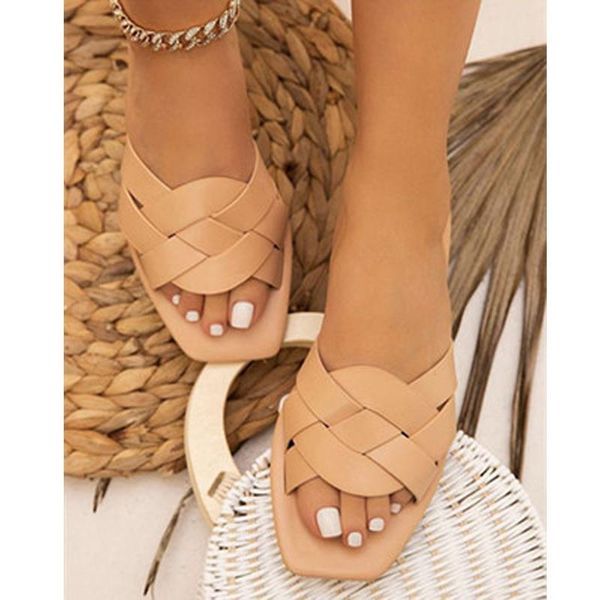 

comfortable casual all-match summer woven outdoor female slippers flat bottom solid color large, Black