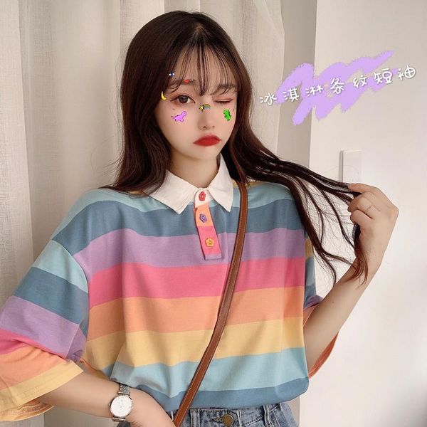 

women's t-shirt port flavor purple stripe shirt short sleeved female korean-style ins ultra-huowang red loose ulzzang feng shang, White