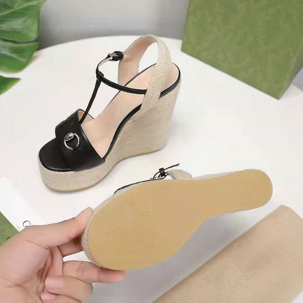 

2021 luxury designer slope heel hemp rope woven sandals metal ankle buckle womens platform super high heels and skirts eu35-41 box, Black