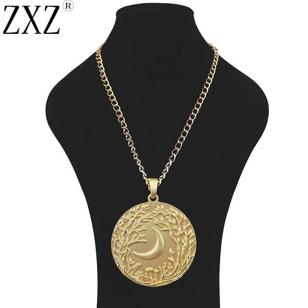 

chains zxz magold fashion metal abstract round circle tree & moon jewelry charm pendant necklace on long link chain lagenlook, Silver
