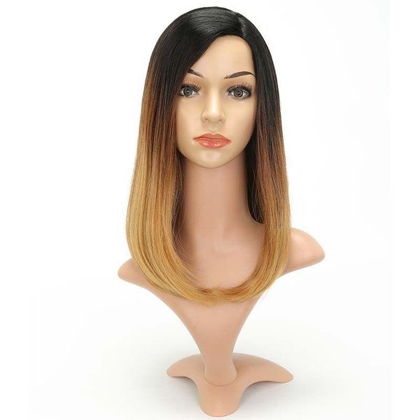 

synthetic wigs long bob wig for women dark golden gradient bangs daily black white