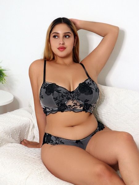 

plus embroidery contrast mesh underwire lingerie set u1kq#, Black;white