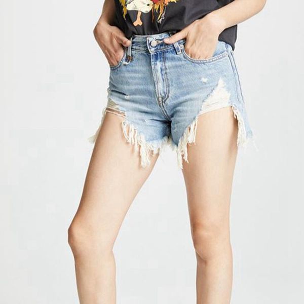 

women's jeans were thin women high-waisted holes retro casual burrs, Blue