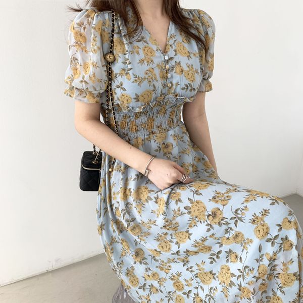 

korean simple and gentle v-neck full screen flower binding single breasted pleated waist bubble sleeve dress, Black;gray