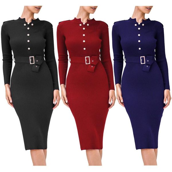 

casual dresses office ladies waist belt knitted dress temperament women bodycon button streetwear fashion winter slim sweater robe, Black;gray
