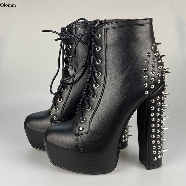 

rontic women platform ankle boots studded square high heels round toe black night club punk shoes women plus us size 5-15
