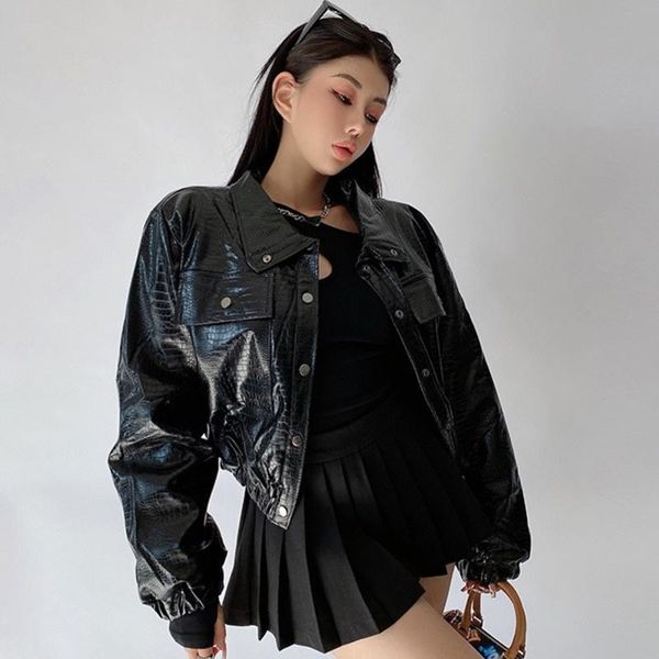 

women's leather & faux lady street bright pu cotton jacket women short high waist slim coat korean fashion autumn winter u8lf, Black