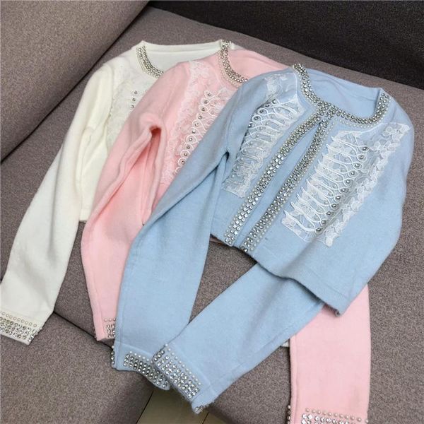 

women's knits & tees 2021 autumn winter sweater coat women rhinestone beaded lace embroidered sweaters office lady elegant cardigans kn, White