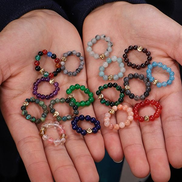 

4mm natural stone elastic rope ring copper bead stone adjustable rings, Silver