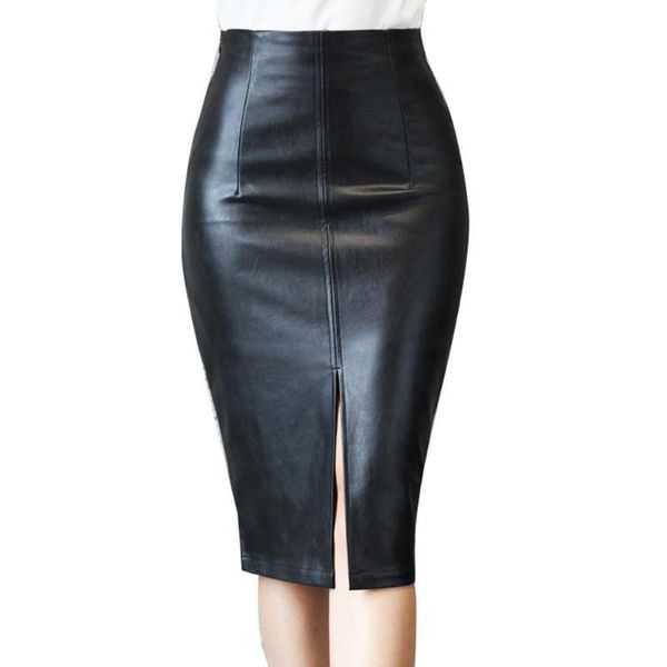 

skirts black pu leather skirt 2021 stylish women solid color high waist faux front slit midi bodycon