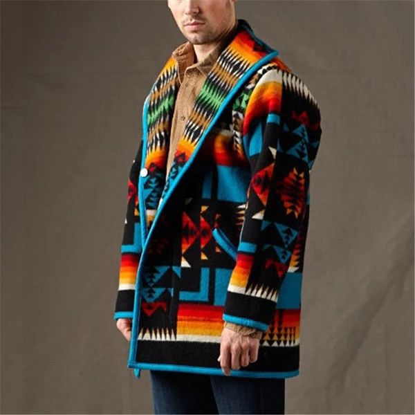 

men's wool & blends casual pocket long sleeve coats autumn winter men fashion single-breasted cardigan woolen coat vintage pattern prin, Black