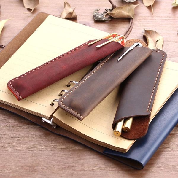 

genuine leather pen pouch holder double pencil bag case sleeve for fountain ballpoint travel diary cover bags