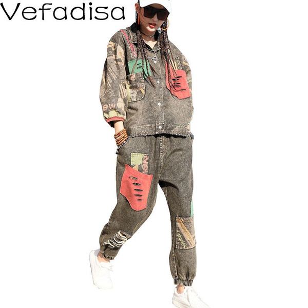 

women's two piece pants vefadisa vintage women denim set 2021 spring patchwork coat + hole harem plus size 2 qyf5010, White