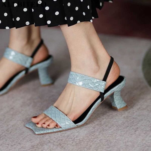 

allbitefo comfortable thick heel square toe genuine leather insole women heels sandals fashion girls shoes sandals for girls 210611, Black