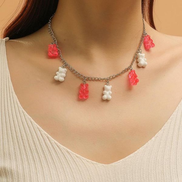 

pendant necklaces 2 colors rainbow cute jelly cartoon bear gummy for women girls cool punk hip hop resin jewelry accessories, Silver