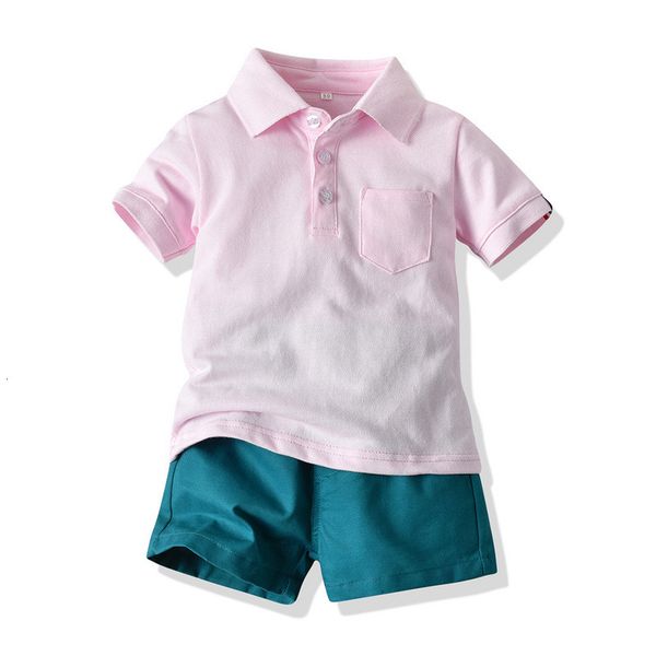 

children's polo suit summer short sleeve lapel t-shirt casual shorts two piece baby children's batch, Blue