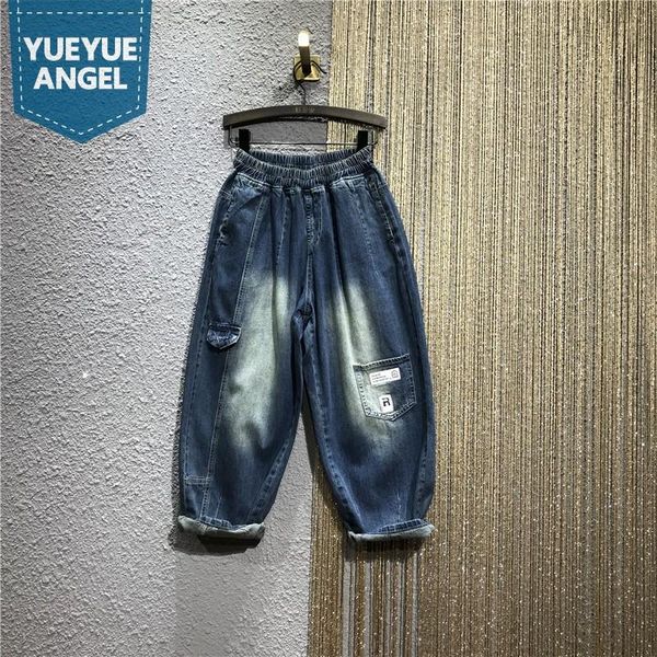 

women's jeans harajuku women denim harem pants elastic high waist loose hip hop vintage streetwear ankle length trousers summer, Blue