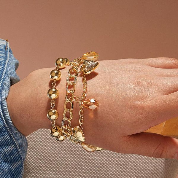 

charm bracelets luxury layered love heart bracelet for women big crystal beads chunky chain wristband girls hand jewelry, Golden;silver
