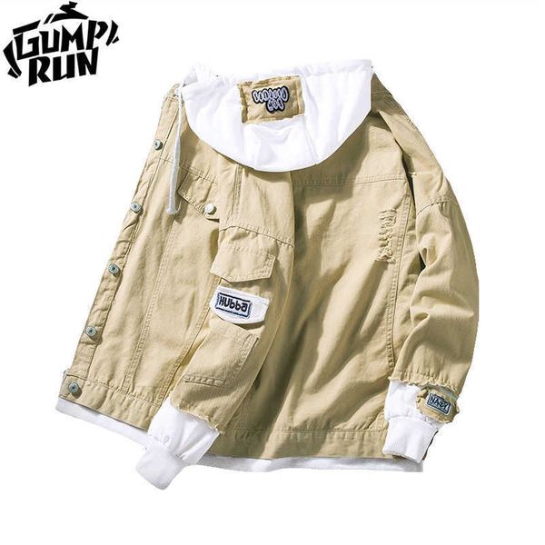 

autumn hooded denim jacket men's hip hop jeans coat retro jean street casual bomber outerwear hoodies 210909, Black;brown