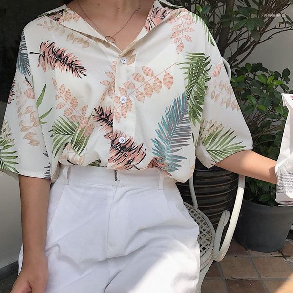 

women's swimwear short sleeve palm leaf print blouse women floral casual summer loose hawaiian shirts beach bikini cover ups women1, White;black
