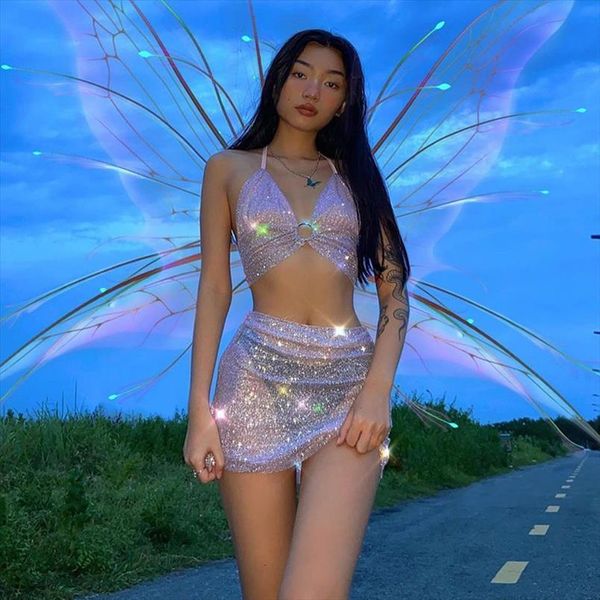 

camisole and suit women skirts personality glitter solid color backless high waist short, Black