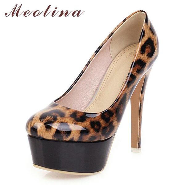 

dress shoes meotina high heels women pumps patent leather platform thin party leopard round toe lady plus size 33-46, Black