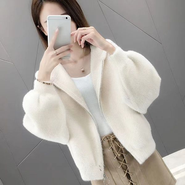 

women's knits & tees fall and hairy winter hoodie vison velvet imitation student short cardigan women's knitted or crocheted nprs, White