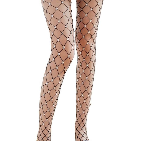

men's socks stocking women 2021 plaid mesh pantyhose tights woman bling crystal rhinestone collant femme stockings hosiery, Black