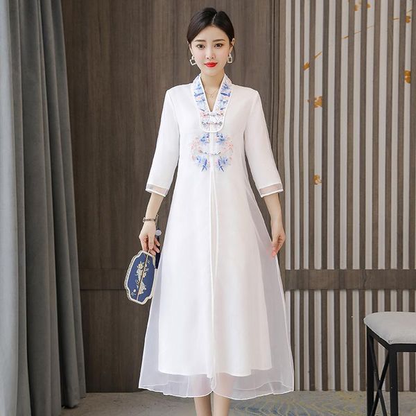 

3924# summer young girl modified dress han fu vintage chinese improved cheongsam elegant mandarin collar female qipao ethnic clothing, Red
