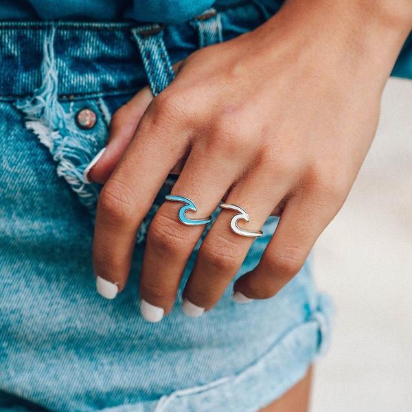 

cluster rings fashion simple design sea wave ocean surf alloy pink blue white enamel finger jewelry ring 2021 for women surfer gift, Golden;silver