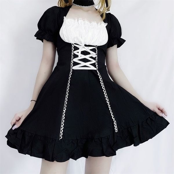 Qweek Женское платье горничные Kawaii Lolita Outfit Mist Costumes Костюмы Cosplay Bandage платье Французская горничная форма официантка платье Puff Weep 210323