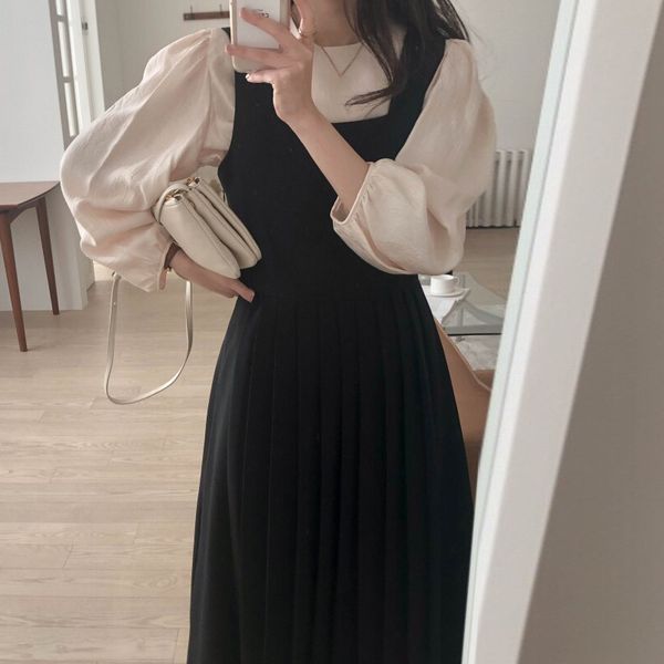 

dress women two outfits sleeve blouses and high waist sleeveless long ladies piece sets vintage casual suit c8za 52nh, Black;gray