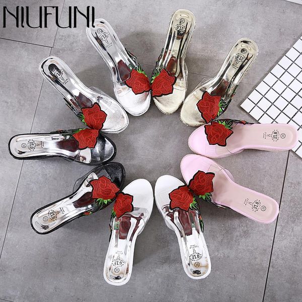

summer slope with rose embroidery women's sandals transparent slippers super high heels peep toes shoes, Black