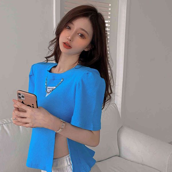

llzacoosh summer korean chic blue black design metal chain o neck puff sleeve t shirt split women'210514, White
