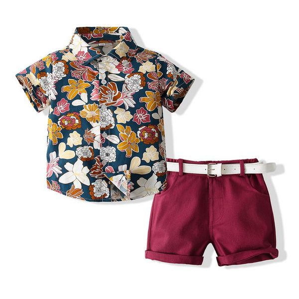 

clothing sets fashion kids boy clothes set gentleman baby boys short sleeve floral print blouse+red shorts+belt 2pcs, White