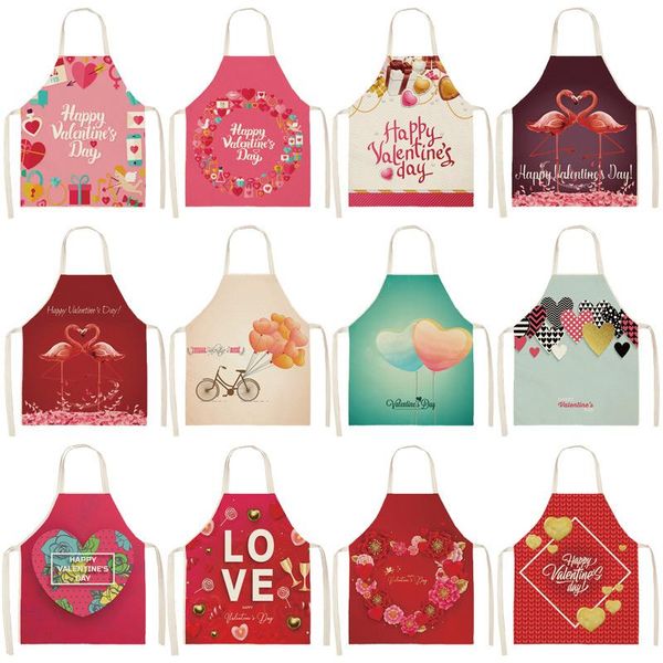 

aprons 1pcs love heart valentine's day pattern cleaning home cooking kitchen cook wear cotton linen bibs 53*65cm wql0207