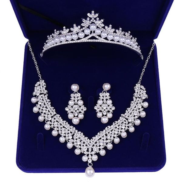 

earrings & necklace baroque bridal pearl jewelry sets women rhinestone tiaras crown crystal set for bride wedding hair accessories, Silver