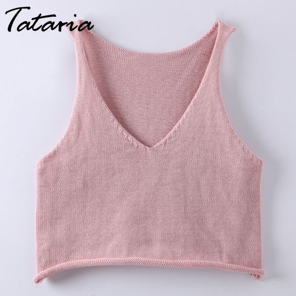

tataria knitted tank women summer deep v neck sleevess crop crochet feminino camiseta tirantes mujer 210514, White