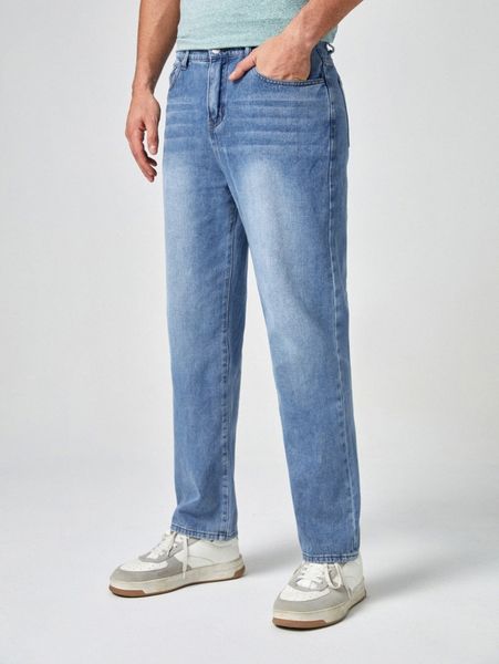 

men washed straight leg jeans i8ur#, Blue