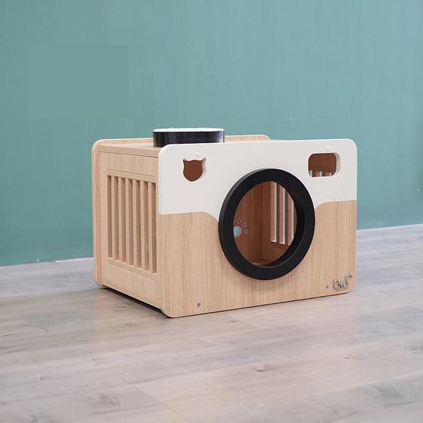 

cat beds & furniture retro color matching wooden house litter pet supplies