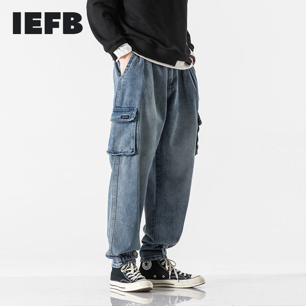 

iefb spring workwear denim trousers for men double pocket turnup pants causal loose jeans streetwear 9y6070 210524, Blue