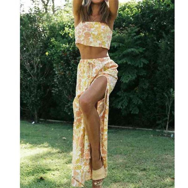 

women summer print loose chiffon skirts elastic waist split fork female fashion street skirt clothing 210513, Black