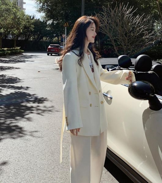 

women's two piece pants senior white suit women 2021 spring autumn fashion temperament two-piece loose casual coat
