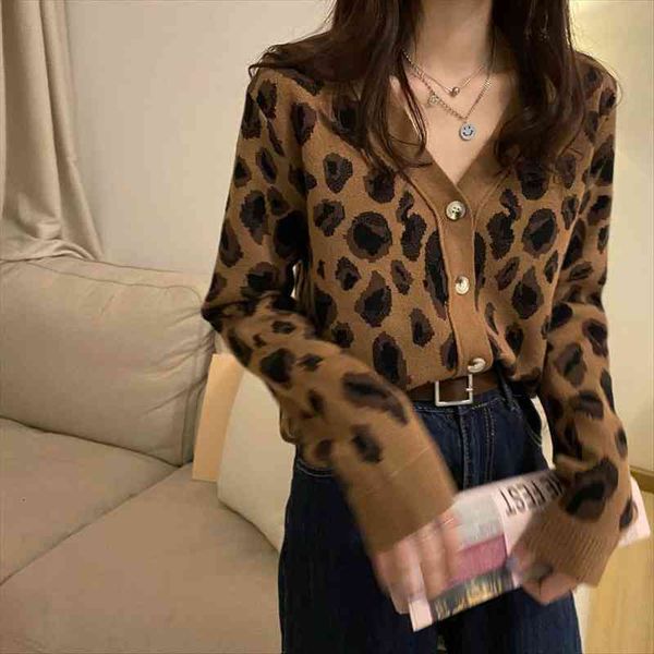 

short leopard print cardigan womens sweaters jacket knitwear spring and autumn all match outer wear long sleeve base top, White;black