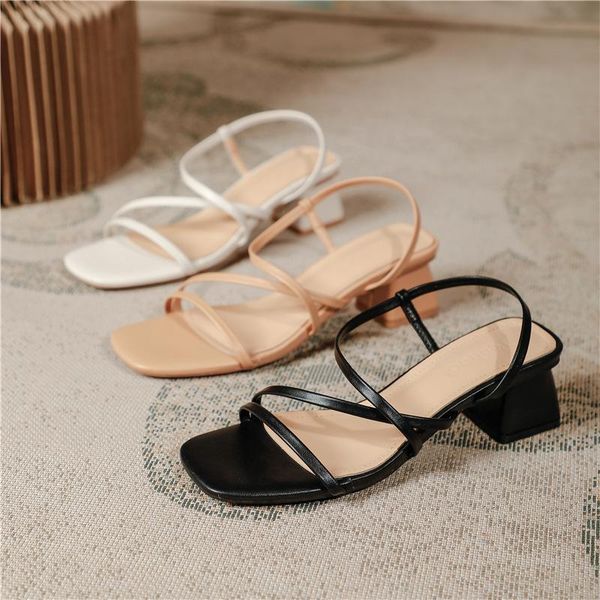

sandals beige heeled comfort shoes for women cross 2021 summer mid-calf strap square toe med black retro gladiator clear block