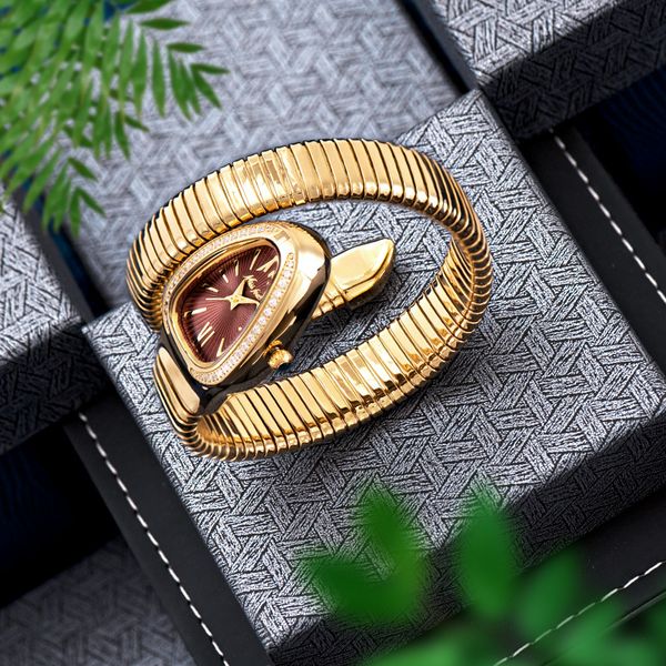 

women's watches snake shape luxury wrist watch for women steel unique gold quartz ladies clock relogio feminino, Slivery;brown