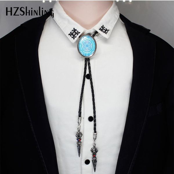 

chokers blue mandala paintings abstract adjustable bolo tie necklace leather cord pendant neckties fashion, Golden;silver