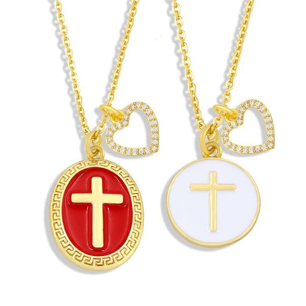 

pendant necklaces flola gold chain cross necklace for women crystal stone copper cz short enamel heart religious jewelry nkew50, Silver