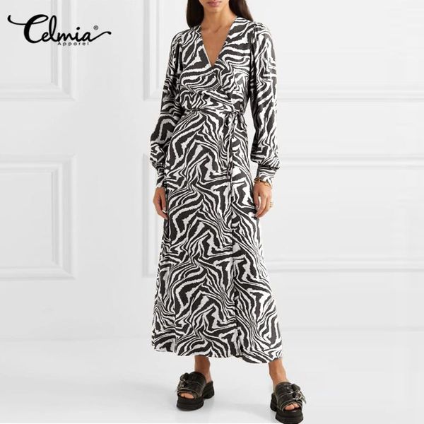 

casual dresses celmia tiger stripe wrap maxi dress 2021 autumn women oversized long sleeve bohemian v-neck loose vestidos robe, Black;gray