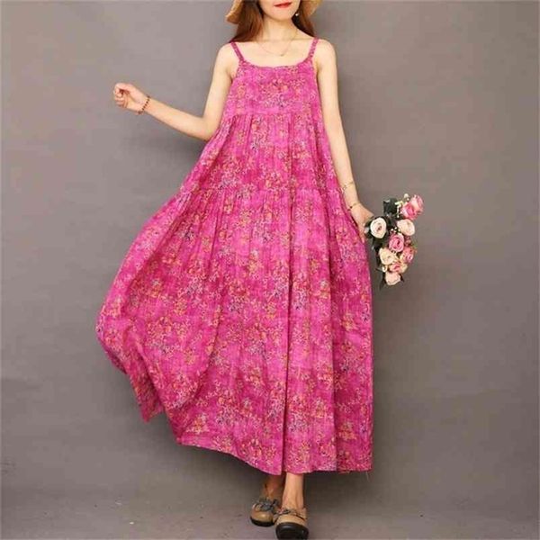 Floral Print Хлопковое белье Maxi платье лето повседневное слинг Boho свободно большие большие пляжные платья женщин негабаритные длинные халаты 210522